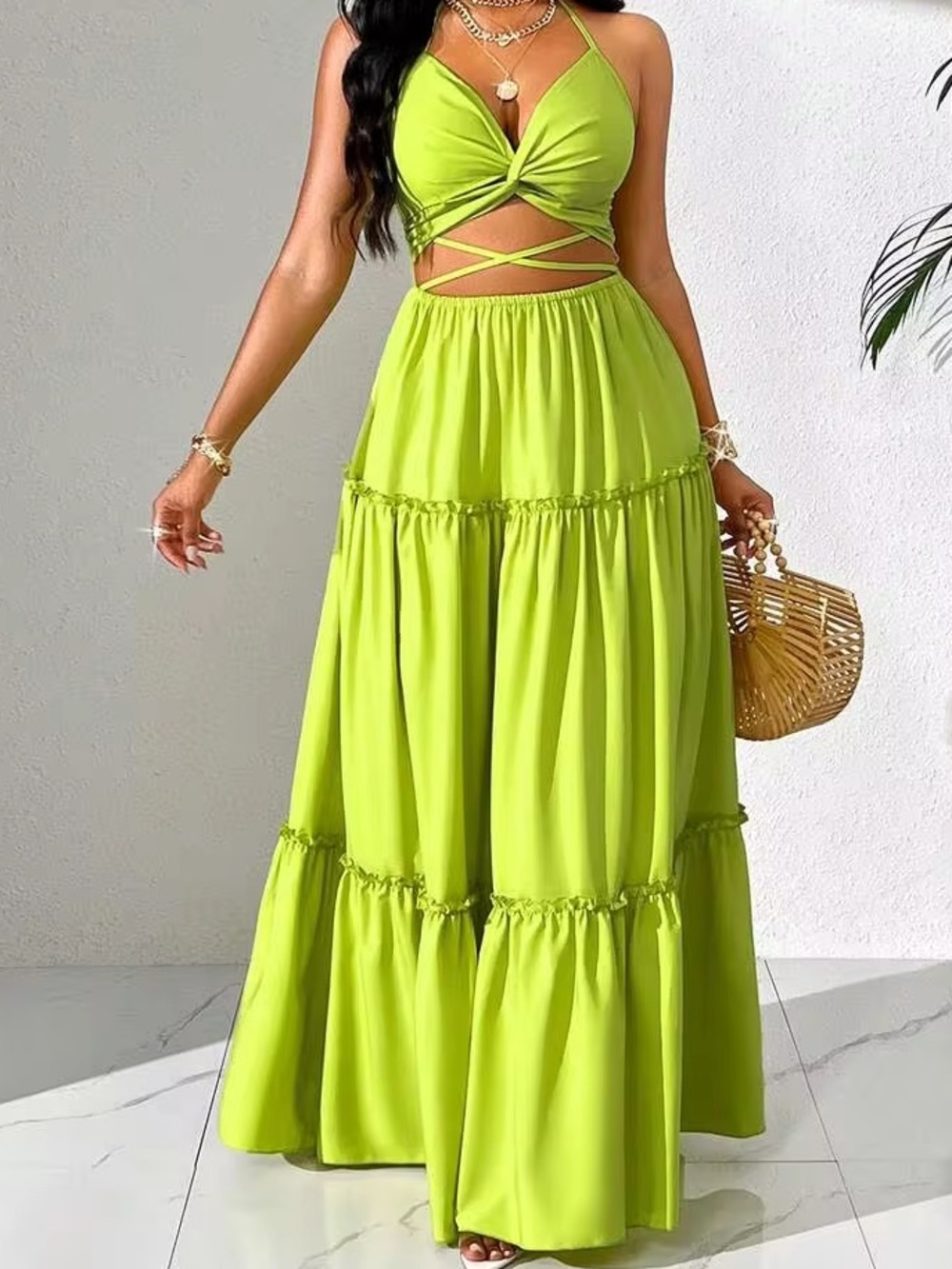 SHEIN Neon Lime Twisted Halter Tiered Maxi Dress